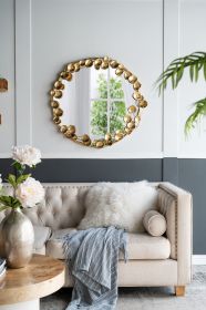 35" Round Metal Wall Mirror with Golden Leaf Accents, Modern Decor Mirror for Living Room Entryway Hallway