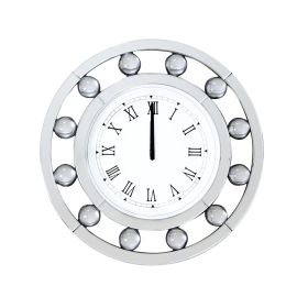 Mirrored Round Shape Wooden Wall Clock, White