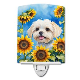 NEW Maltese in Sunflowers Ceramic Night Light Compact, UL-Certified, Ideal for Bedroom, Bathroom, Nursery, Hallway, Kitchen, 6x4x3, Multicolor