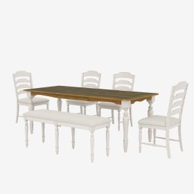 Vintage Traditional 6-Piece 82.7 inch Extendable Dining Table Set with 23.6 inch Removable Leaf, 50.4 inch Upholstered Dining Bench and 4 Chairs