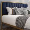 Queen Gold Metal Platform Bed Frame with Navy Blue Velvet Upholstered Headboard